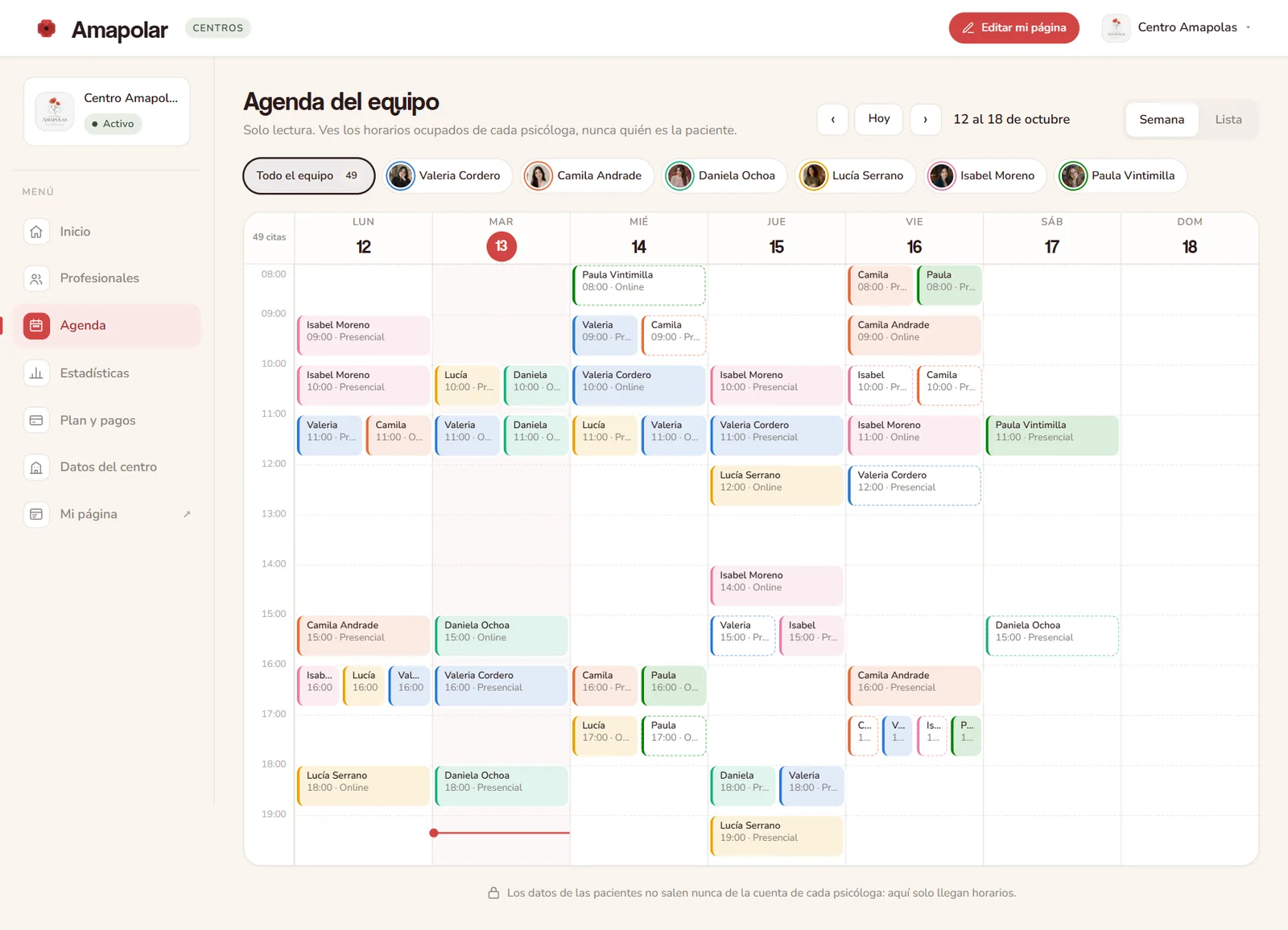 Agenda semanal del equipo del centro