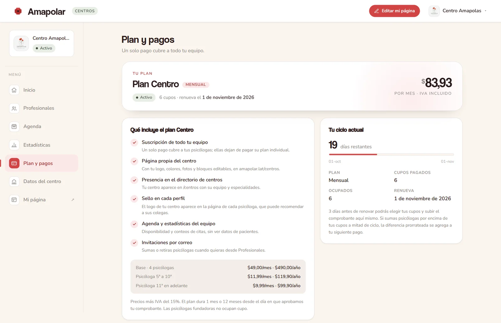 Plan y pagos del centro